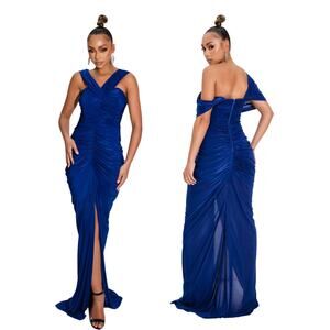 Yaura Tiara Dress Royal Blue Gown Stretchy Bodycon Jersey Ruched High Slit  10/M
